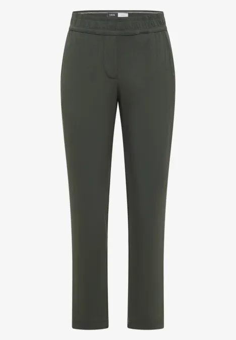 Pantalon droit gris foncé avec taille élastiquée.