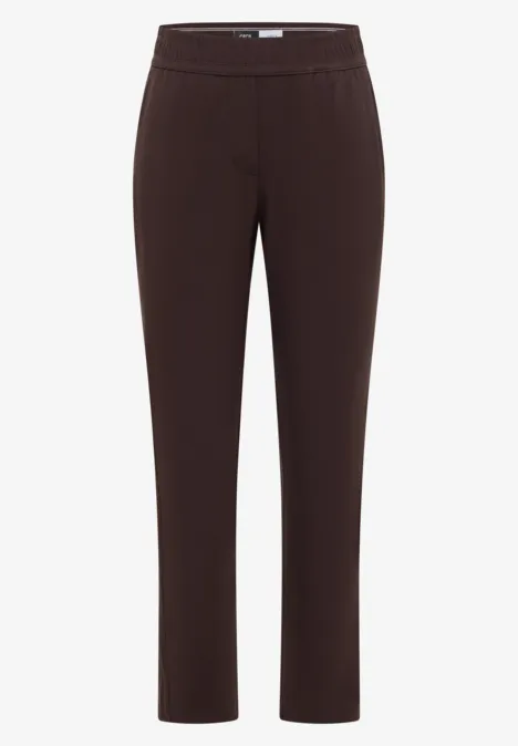Pantalon marron foncé élégant, coupe ajustée droite et taille élastique.