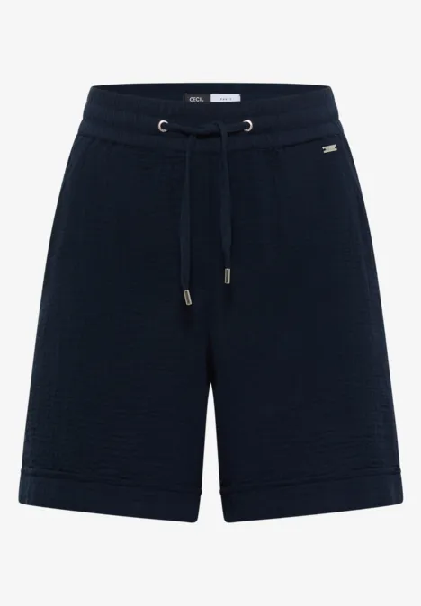 Dunkelblaue, knielange Freizeit-Shorts mit Textur und Tunnelzugbund.