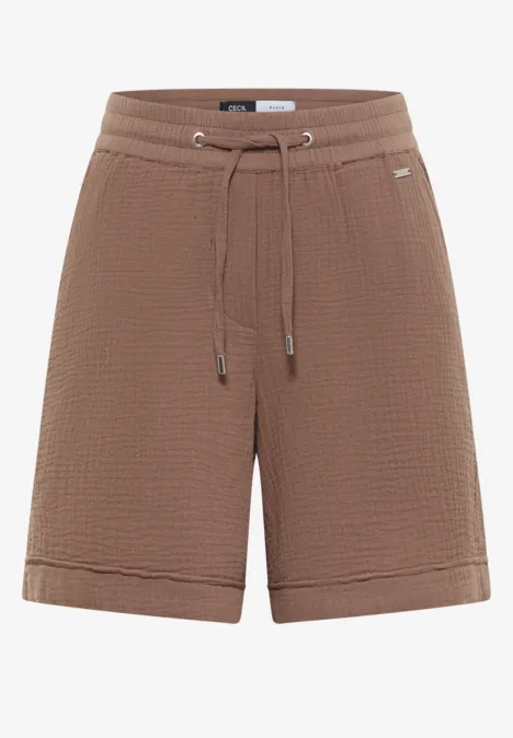 Korte, bruine waffle-shorts met hoge taille, trekkoord en omgeslagen zoom.