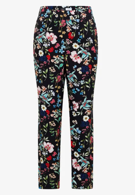 Schwarze Hose mit buntem Blumenmuster, gerade geschnitten und knöchellang.