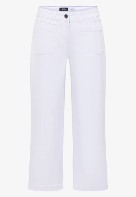 Witte damesspijkerbroeken culotte, wijd model met zakken en knoopsluiting.