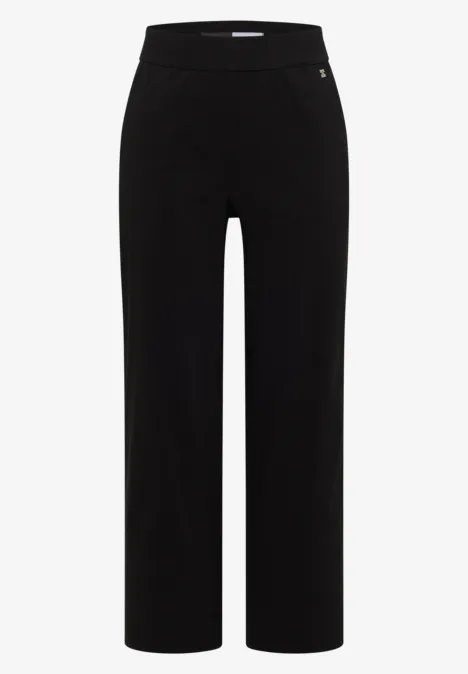 Schwarze, gerade geschnittene Damenhose mit hohem Bund und weitem Bein.