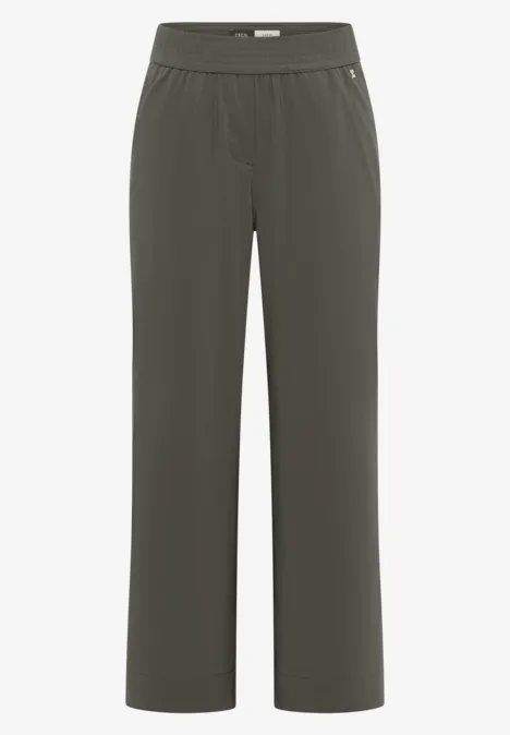 Donkergrijze, recht gesneden vrijetijdsbroek met elastische tailleband en zijzakken.