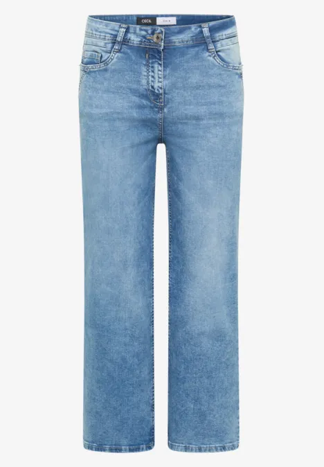Hoge taille denim wijde broek met lichte wassing en vijf zakken.