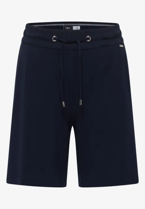 Donkerblauwe sweatshorts tot op de knie met elastische taille en koord.