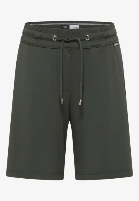 Donkergroene sweatshort met elastische taille, trekkoord en opgestikte zakken.
