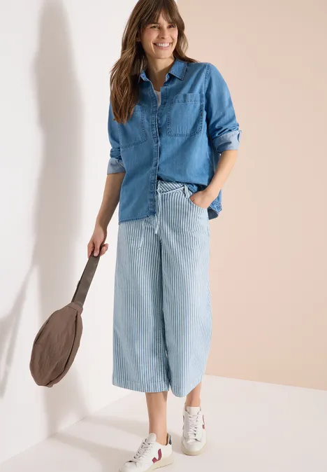 Wide Flared Leg Jeans mit Streifen mid blue wash