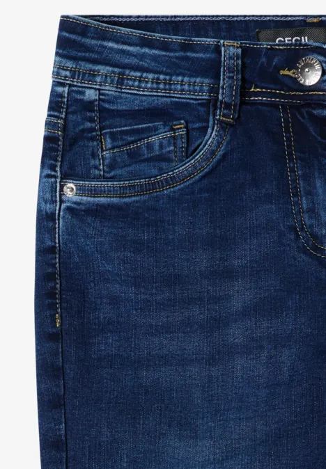 Mid Waist Straight Leg Jeans im Casual Fit mid blue used wash Dunkelblaue Jeans-Front mit Eingrifftasche, Münztasche, Gürtelschlaufen und Metallknopf.