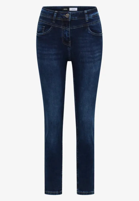 Donkerblauwe slim-fit damesjeans met vijf zakken en riemlussen voor een eigentijdse look.