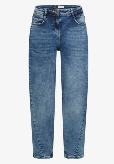 Hoch taillierte, gerade geschnittene blaue Jeanshose mit fünf Taschen und Gürtelschlaufen