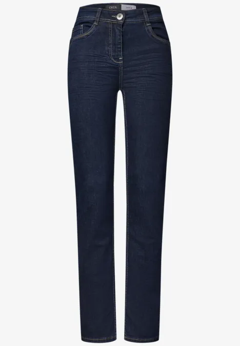 Dunkelblaue, gerade geschnittene High-Waist-Jeans mit Knopfverschluss und Gürtelschlaufen.