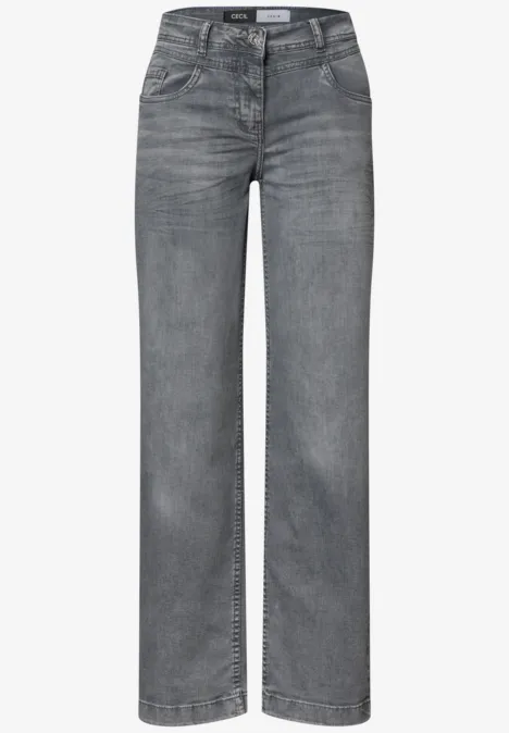 Graue Jeans mit weitem Bein, hohem Bund, 5 Taschen und Knopfverschluss.