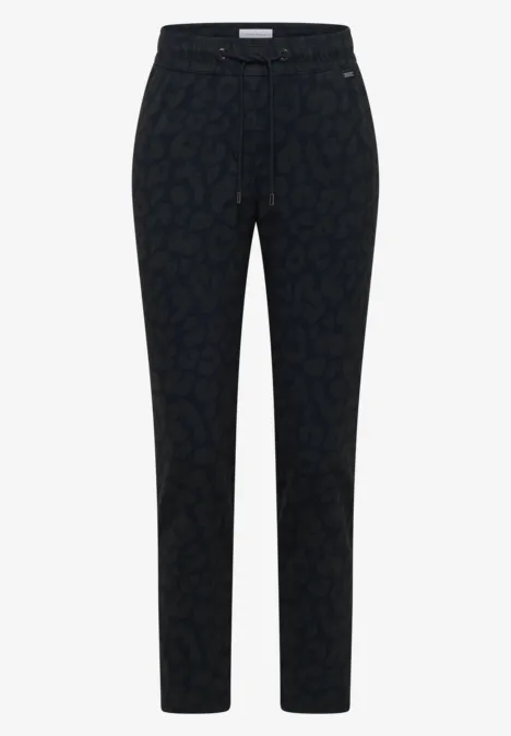 Mid Waist Slim Leg Hose im Casual Fit dark navy blue Schwarze, gerade geschnittene Damenhose mit dezentem Leopardenmuster.