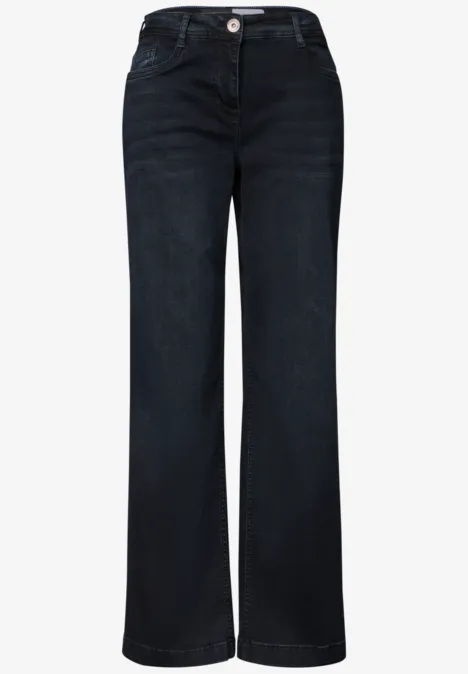 Jean noir taille haute à jambes larges avec fermeture boutonnée.