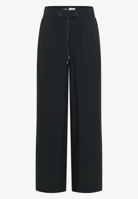 Pantalon femme noir, coupe large, taille haute avec cordon et jambes droites.