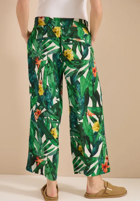High Waist Wide Leg Hose im Loose Fit khaki Lockere, grüne Palazzo-Hose mit tropischem Blattmuster