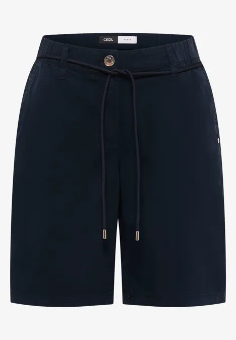 Dunkelblaue Bermuda-Shorts mit Gummibund, Knopfverschluss und verstellbarem Kordelzug.