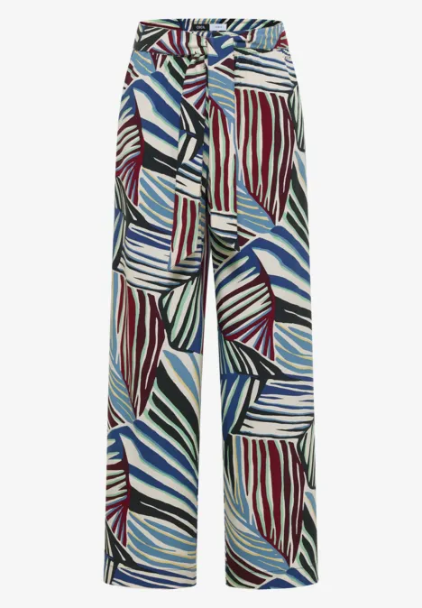 Weite Hose aus fließendem Stoff mit buntem, abstraktem Muster und hoher Taille.