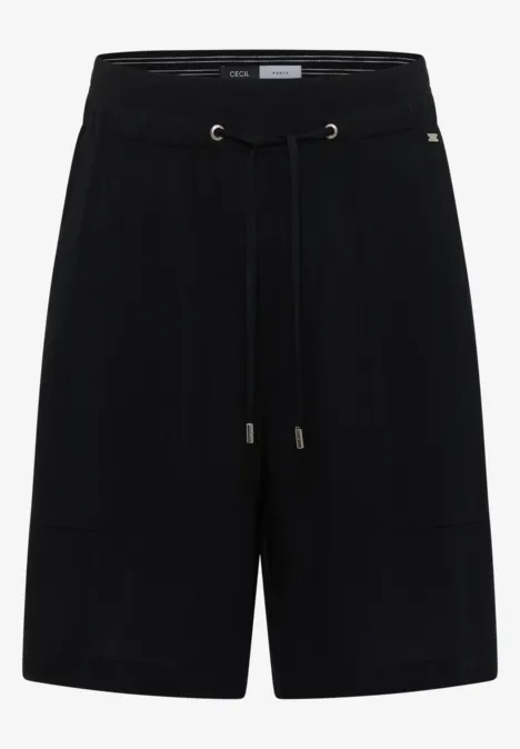 Short noir mi-long décontracté, taille élastique avec cordon, poches latérales et coupe ample.