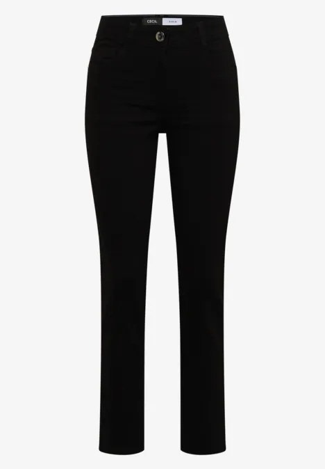 Schwarze, gerade geschnittene Hose mit hohem Bund und Knopf- und Reißverschluss vorne.