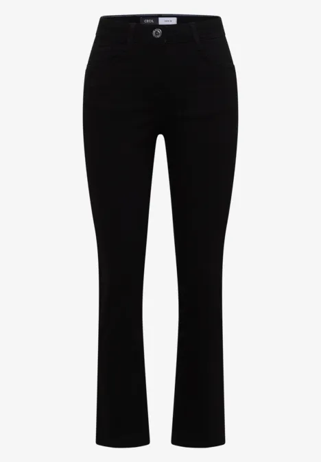Schwarze, schmal geschnittene Damenhose mit leicht ausgestelltem Bein und hohem Bund
