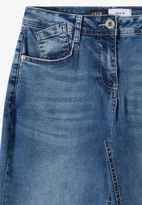 High Waist Wide Leg Jeans im Loose Fit light blue used wash Blauer Jeansrock mit Knopfverschluss, Gürtelschlaufen, aufgesetzten Taschen und mittigem Frontschlitz.