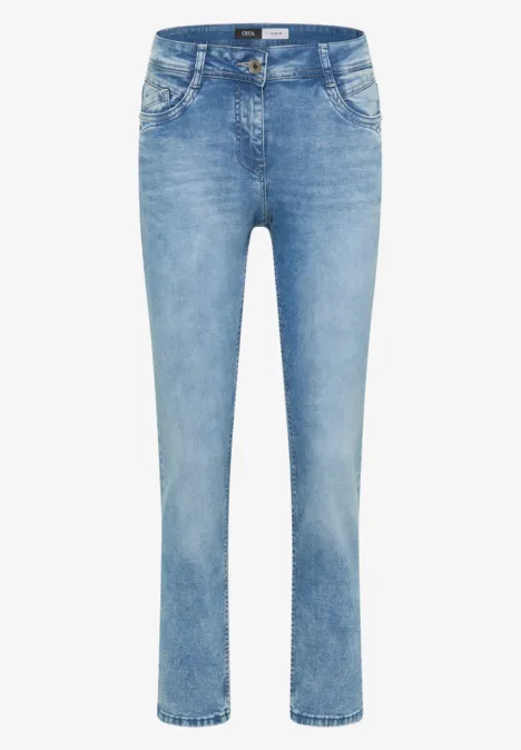 Mid Waist Slim Leg Jeans im Casual Fit light blue wash Helle, schlichte Damenjeans in geradem Schnitt mit fünf Taschen und leichter Used-Waschung