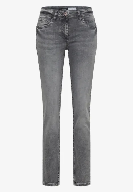 Mid Waist Slim Leg Jeans im Casual Fit light grey wash Graue Straight-Leg-Jeans mit Five-Pocket-Design und nahtfeinen Waschdetails.