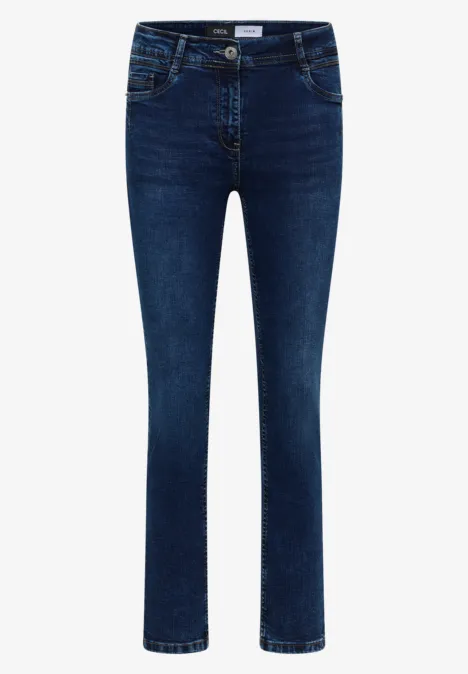 High Waist Straight Leg Jeans w kroju Slim Fit Dark blue wash Damskie ciemnoniebieskie jeansy o prostych nogawkach z klasycznymi kieszeniami.