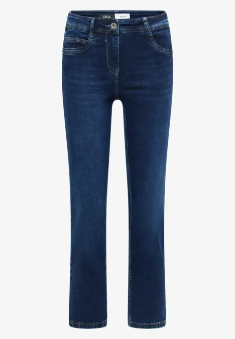 Mid Waist Slim Leg Jeans w stylu Casual Fit mid blue used wash Ciemnoniebieskie dżinsy o prostym kroju z pięcioma kieszeniami, gładki design.