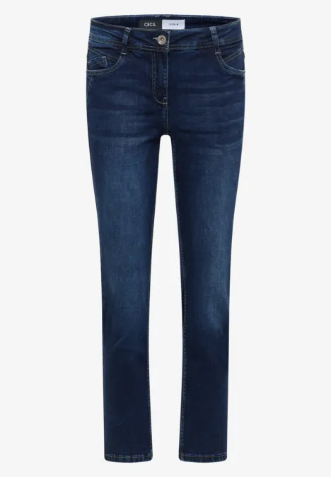 Mid Waist Slim Leg Jeans w stylu Casual Fit Dark blue wash Ciemnoniebieskie, dopasowane dżinsy z pięcioma kieszeniami i zapięciem na guzik i zamek.