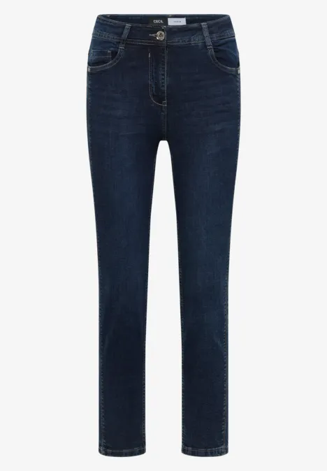 Dunkelblaue Damenjeans mit geradem Schnitt und klassischem Five-Pocket-Design.