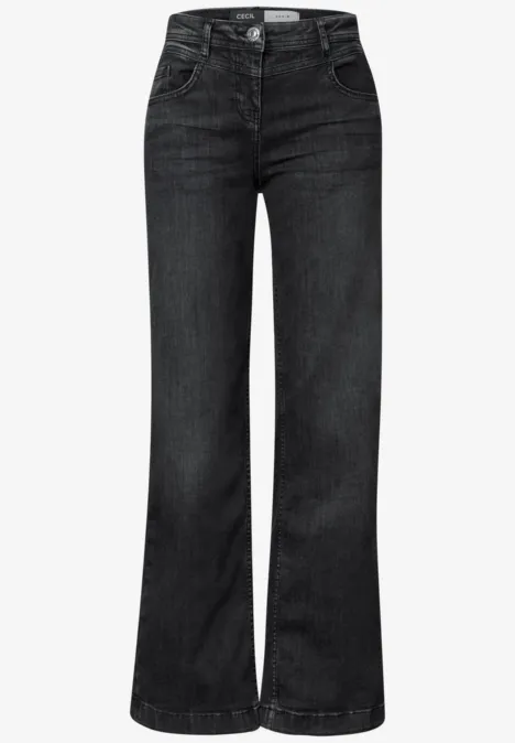 High Waist Wide Leg Jeans im Slim Fit black washed Schwarze High-Waist-Jeans mit Bootcut-Bein, fünf Taschen und Knopfverschluss.