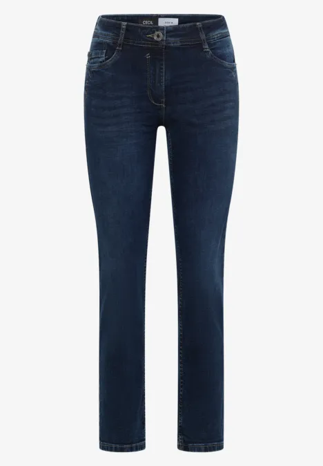 Donkerblauwe damesjeans met rechte pasvorm en klassieke zakken.