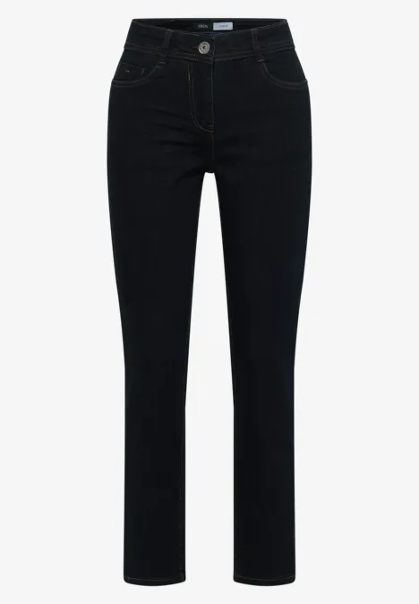 Schwarze, gerade geschnittene Jeans mit klassischem Five-Pocket-Stil, hoher Taille und leichtem Stretch.