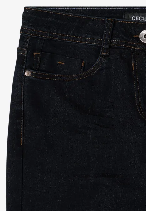 Dunkle Jeanshose aus Denim mit sichtbarem Knopf und mehreren Taschen.