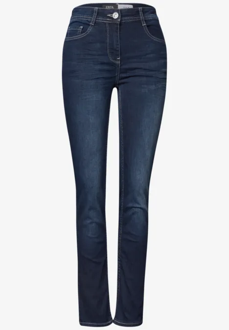 Dunkelblaue, hoch taillierte Jeans mit geradem Bein und klassischem Fünf-Taschen-Design.