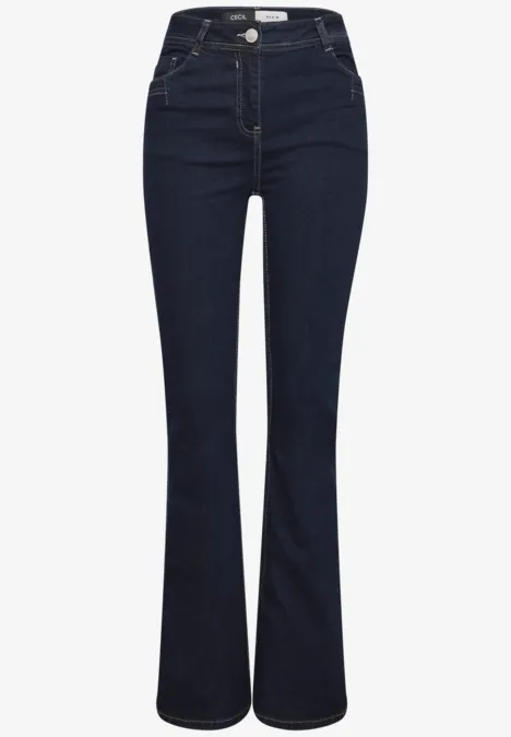 Dunkelblaue Jeans mit hohem Bund und ausgestelltem Bein im Vintage-Stil.
