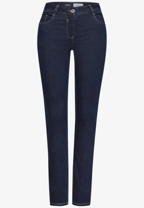 Dunkelblaue Damenjeans in geradem Schnitt mit fünf Taschen und mittlerer Taille.