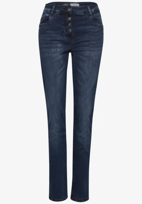Jeans met Mid Waist-taille en Slim Leg-pijpen in casual pasvorm blue black used wash Donkerblauwe, rechte damesjeans met hoge taille en knoopsluiting.