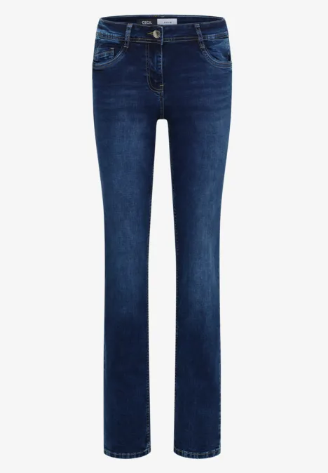 Mid Waist Straight Leg Jeans im Casual Fit mid blue used wash Dunkelblaue Damenjeans mit geradem Bein und klassischen Taschen.