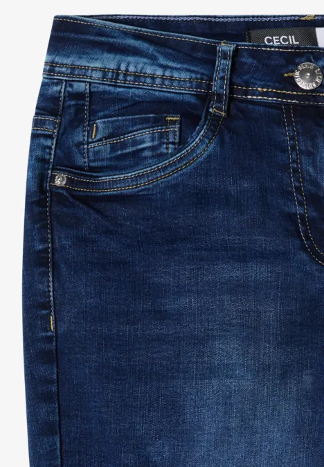 Mid Waist Straight Leg Jeans im Casual Fit mid blue used wash Dunkelblaue Denim-Jeans mit Fronttaschen, Gürtelschlaufen und sichtbaren Nähten.