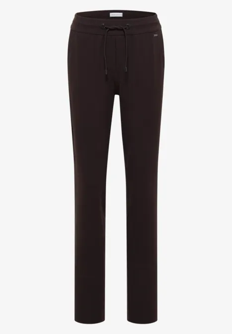 Mid Waist Slim Leg Hose in casual pasvorm truffle brown Effen zwarte broek met rechte pijpen en trekkoord in de taille.