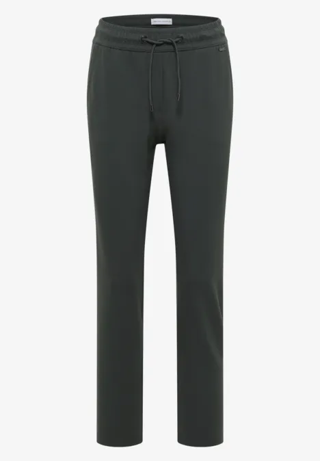 Mid Waist Slim Leg Hose im Casual Fit easy khaki Schlichte dunkelgraue Jogginghose mit elastischem Bund und Kordelzug.
