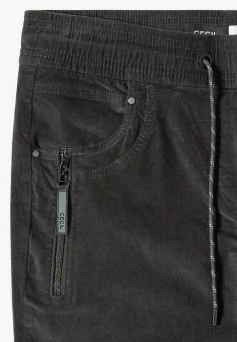 Mid Waist Slim Leg Hose im Casual Fit easy khaki Schwarze Cordhose mit elastischem Bund, Tunnelzug und Reißverschlusstasche