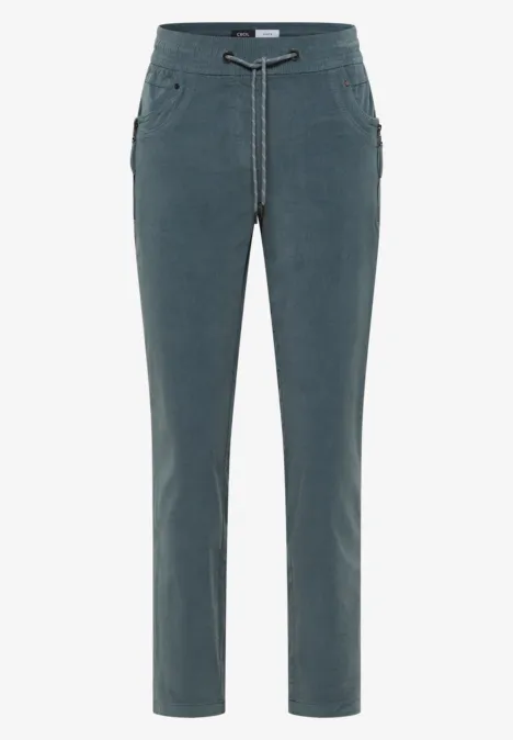 Mid Waist Slim Leg Hose im Casual Fit dove blue Dunkelgraue Hose mit Gummizug, Tunnelzugbund und seitlichen Eingrifftaschen.