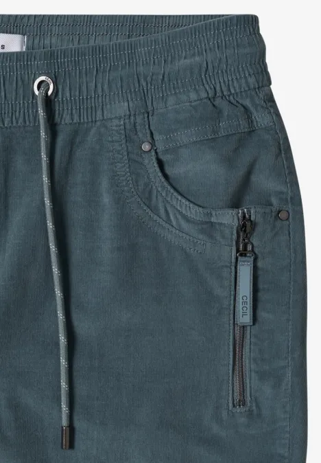 Mid Waist Slim Leg Hose im Casual Fit dove blue Tiefblaue Freizeithose mit elastischem Bund, Kordelzug und Reißverschlusstasche am Oberschenkel.