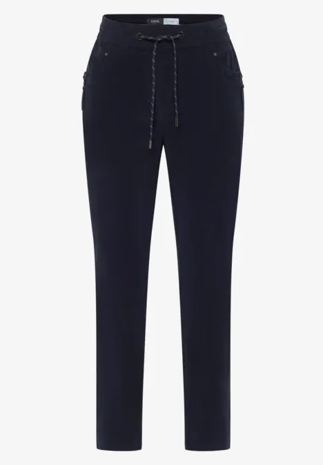 Mid Waist Slim Leg Hose im Casual Fit dark blue corduroy Dunkelblaue Hose mit elastischem Bund, Kordelzug und seitlichen Taschen.