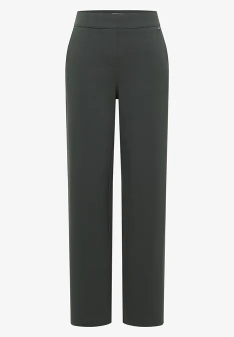Schwarze gerade geschnittene Hose mit hohem Bund und klassischem Design.
